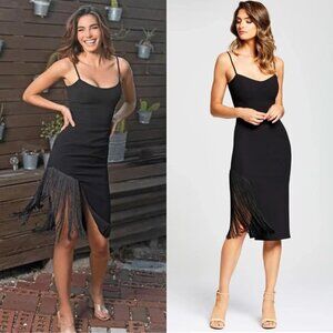 Dress the Population Rory Fringe Tassel Midi Dress Sleeveless Black Small